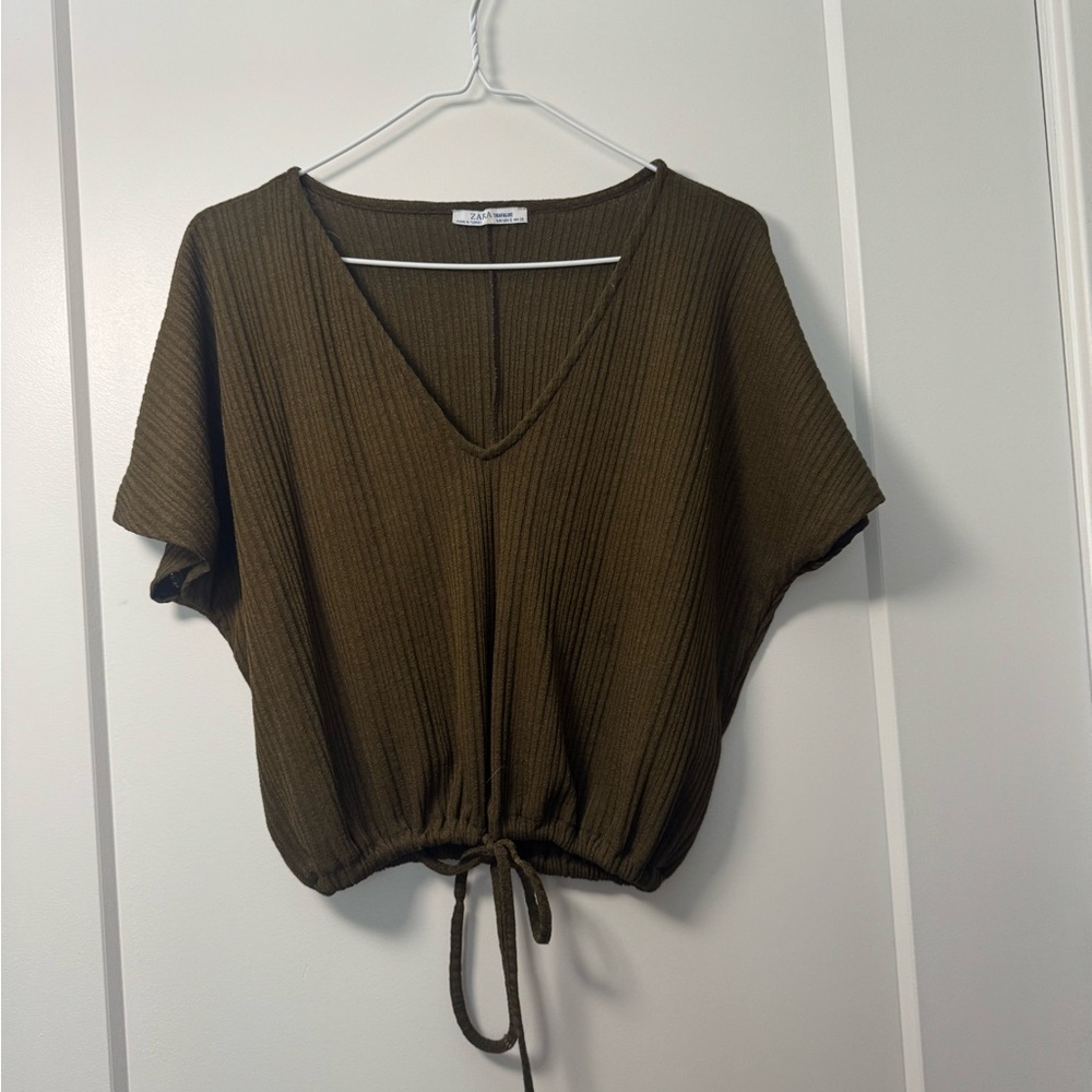 Zara Olive Green Ribbed Blouse